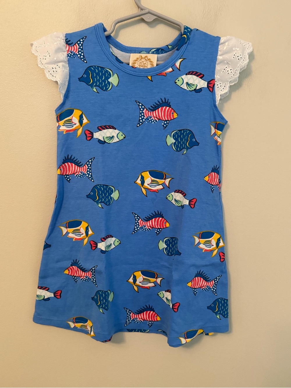 The Beaufort Bonnet Company Blue Fish-Print Lace Sleeve Kids Dress
